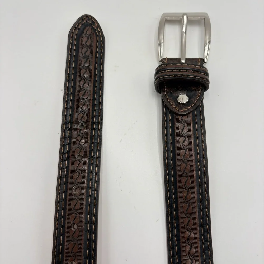GOLD COAST Embossed Brown Leather Belt Silver Buckle Mens Western Paws 38 XL